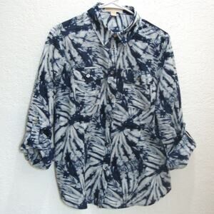 MICHAEL KORS Tie Dye Blouse Top SZ L Convertible Sleeves Blue White BOHO